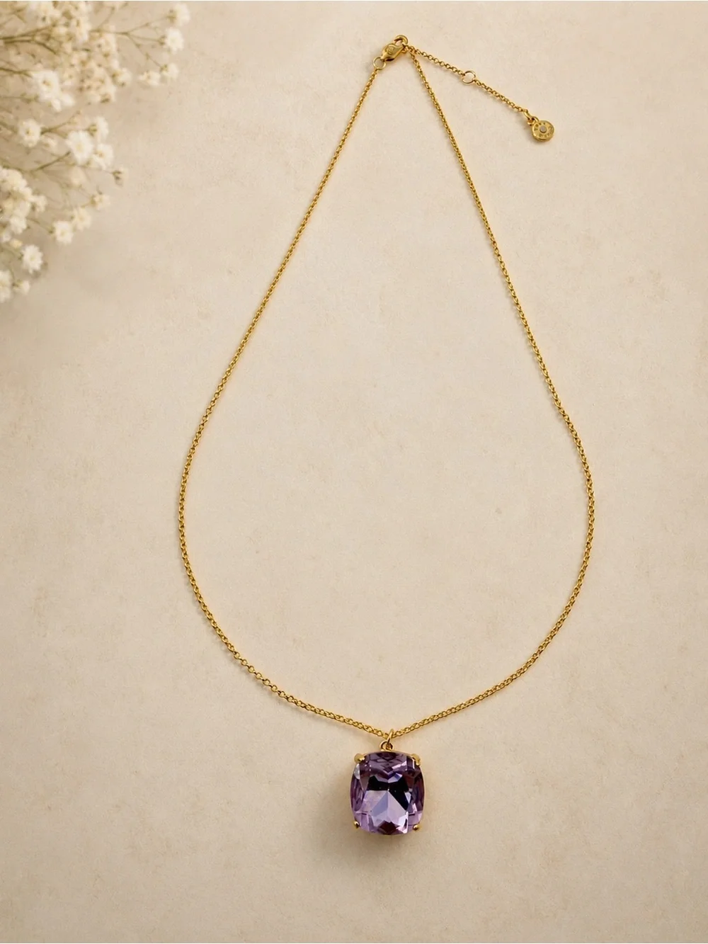 Tory Burch Gold Tone Purple Crystal Pendant Necklace Adjustable Chai